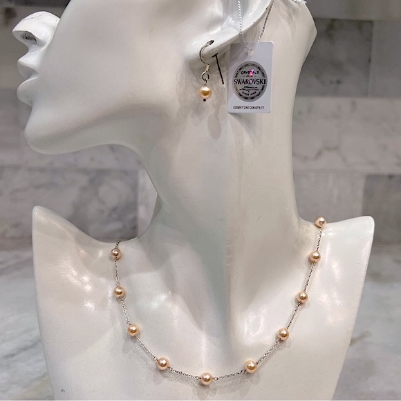 SWAROVSKI Crystal Peach Pearl Sterling Silver Necklace and Dangle … - Picture 1 of 12